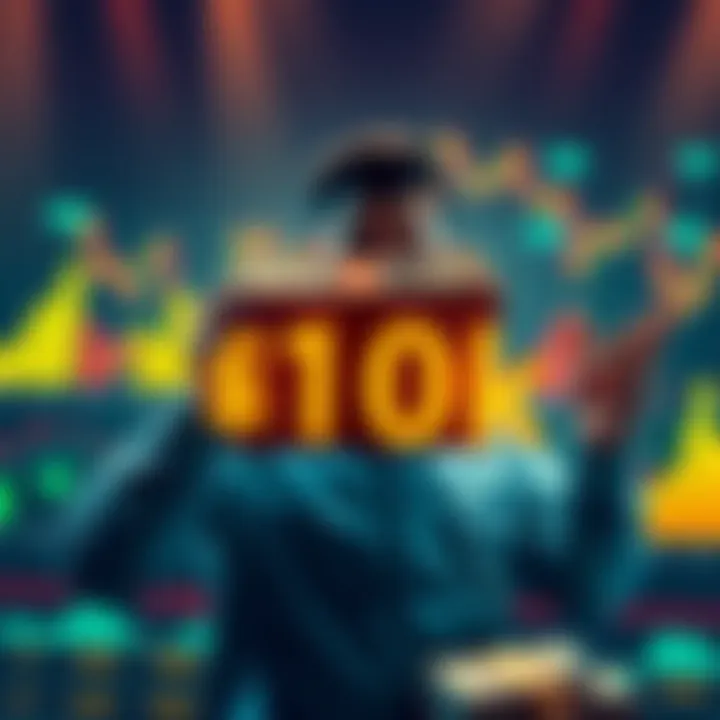 An investor holding a cash stack surrounded by financial charts, celebrating their milestone of 10,000 Kas.