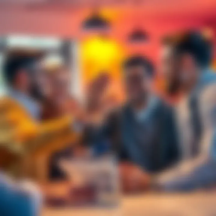 A group of happy investors reviewing their improving portfolios with smiles and high-fives