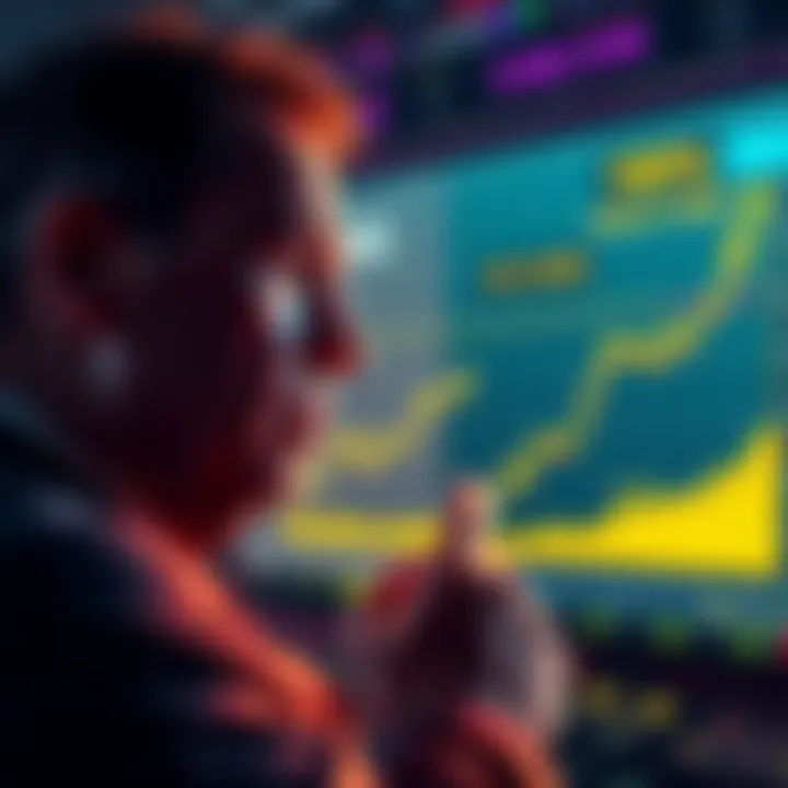 An investor looks at a chart showing a 100% increase in cryptocurrency value over five years, with a thoughtful expression.