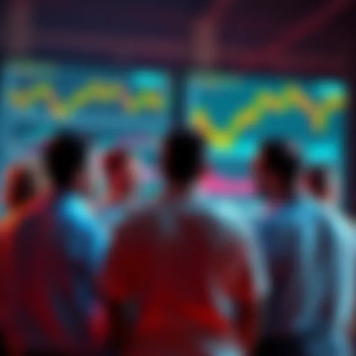 Investor Discussion on HBAR Prices A group of people discussing HBAR investment strategies with charts and graphs in the background.