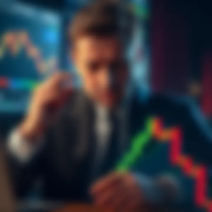 An investor with a sad expression, looking at a financial chart showing declines, symbolizes disappointment over Avax investment losses.