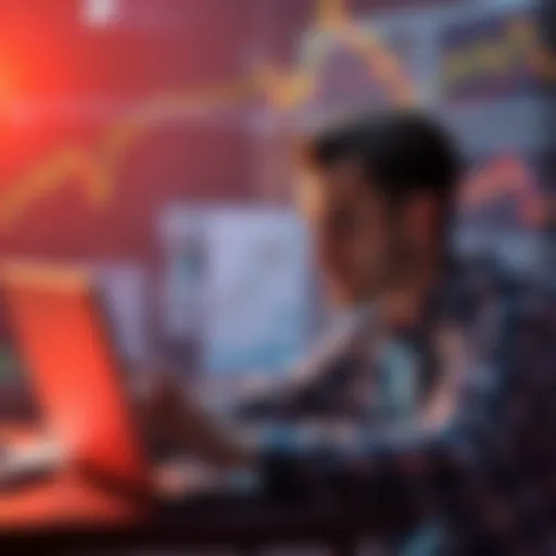 A young investor analyzing charts and graphs on a laptop, looking thoughtful about financial decisions in a bull market