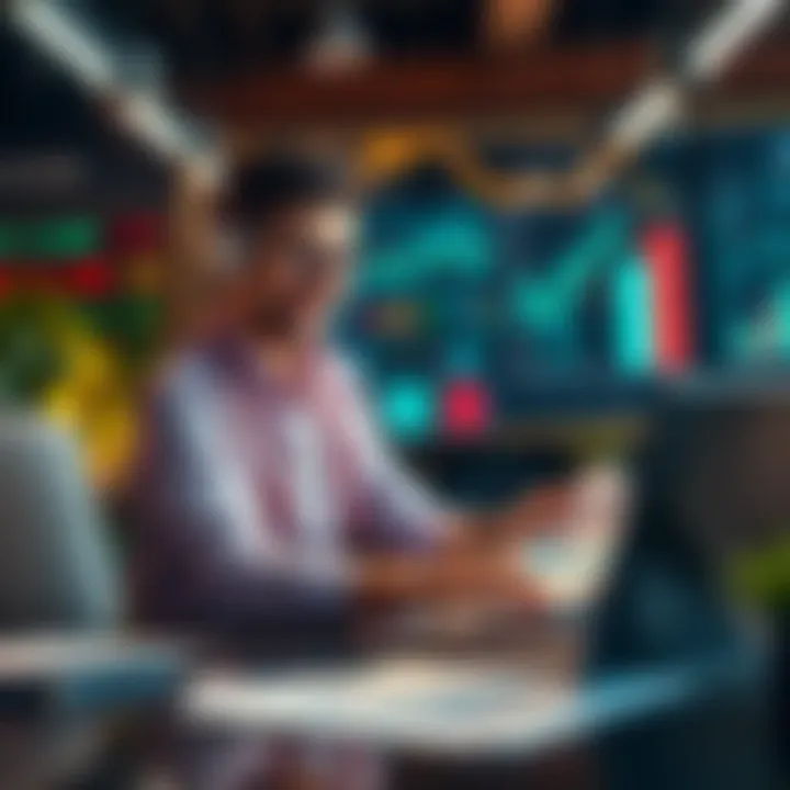 A confident investor looking at charts and graphs, planning financial strategies for the future, with a laptop and financial reports on the table.