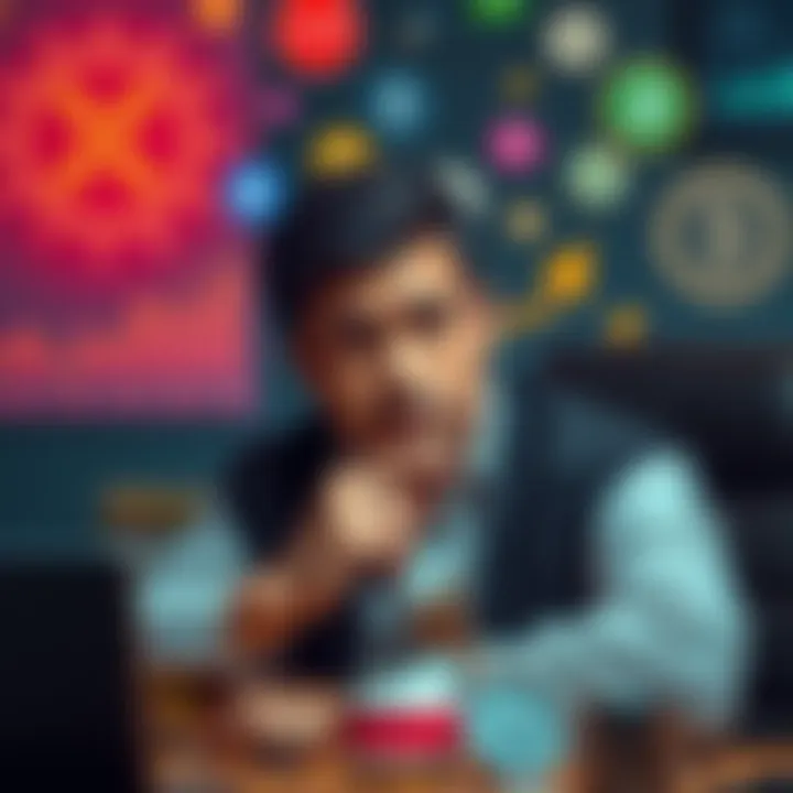 An investor sits with a thoughtful expression, surrounded by symbols of cryptocurrency like XRP, pondering the psychological aspects of investing.