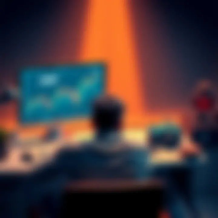 An investor sits at a desk, looking worried while staring at a computer screen displaying XRP charts, symbolizing the emotional struggle of holding the cryptocurrency.