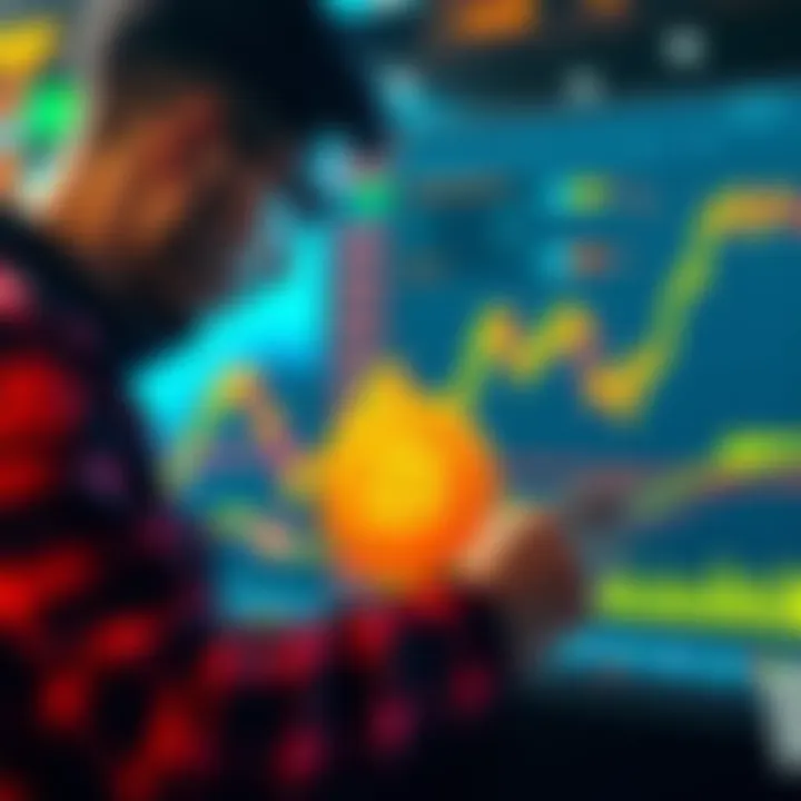 An investor looks at a stock graph showing AI stocks rising, with a Bitcoin symbol nearby, representing a potential market shift.