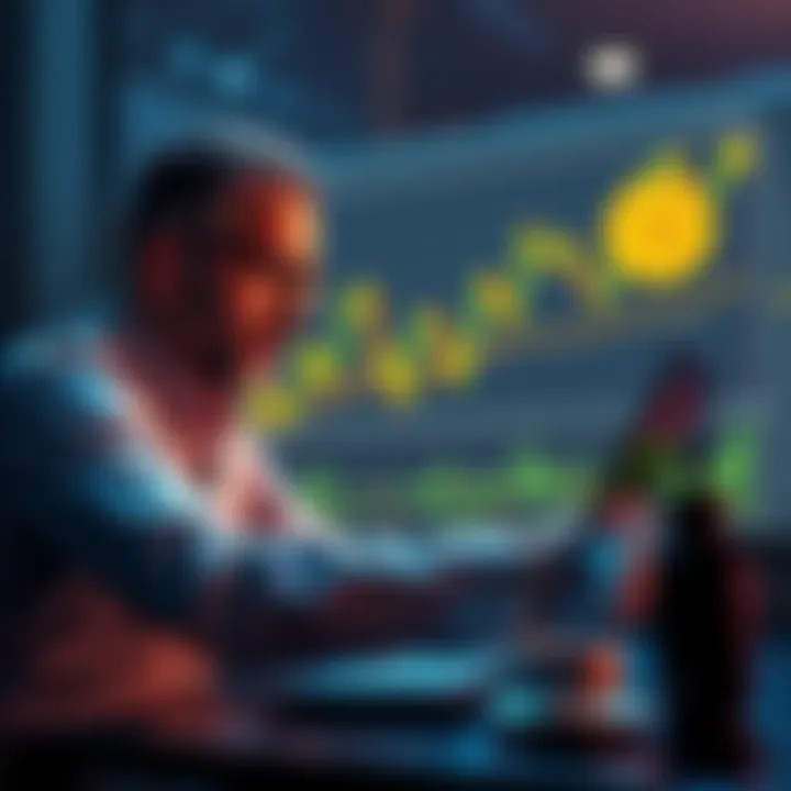 An investor studies a Bitcoin price chart with a laptop and coffee, considering market trends and price fluctuations.