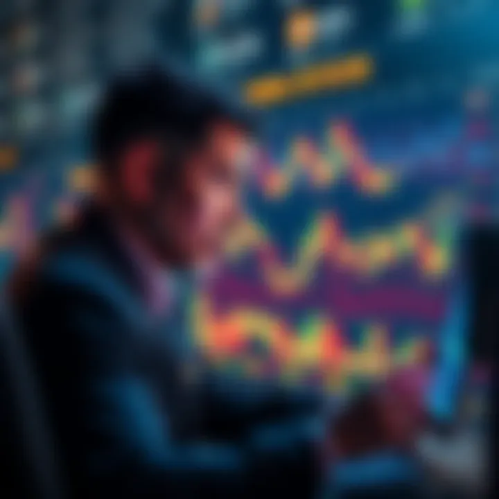 An investor looking at a digital screen with charts showing crypto trends and data for CRO and BTC.