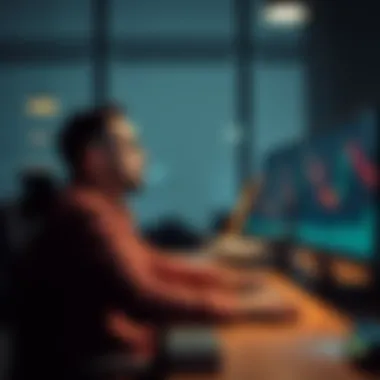 An unemployed investor sitting at a desk, looking at Bitcoin charts on a computer while contemplating cashing out.