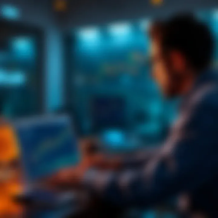 A person looking at a laptop with Bitcoin charts and a loan application on the screen