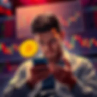 Investor Considering Bitcoin Sale A person looking stressed while checking Bitcoin prices on a smartphone, with charts showing downward trends in the background.