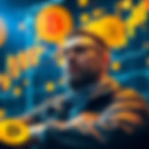 An investor looks confident while buying Bitcoin at a high price, with charts and cryptocurrency symbols in the background.