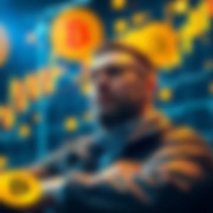 An investor looks confident while buying Bitcoin at a high price, with charts and cryptocurrency symbols in the background.