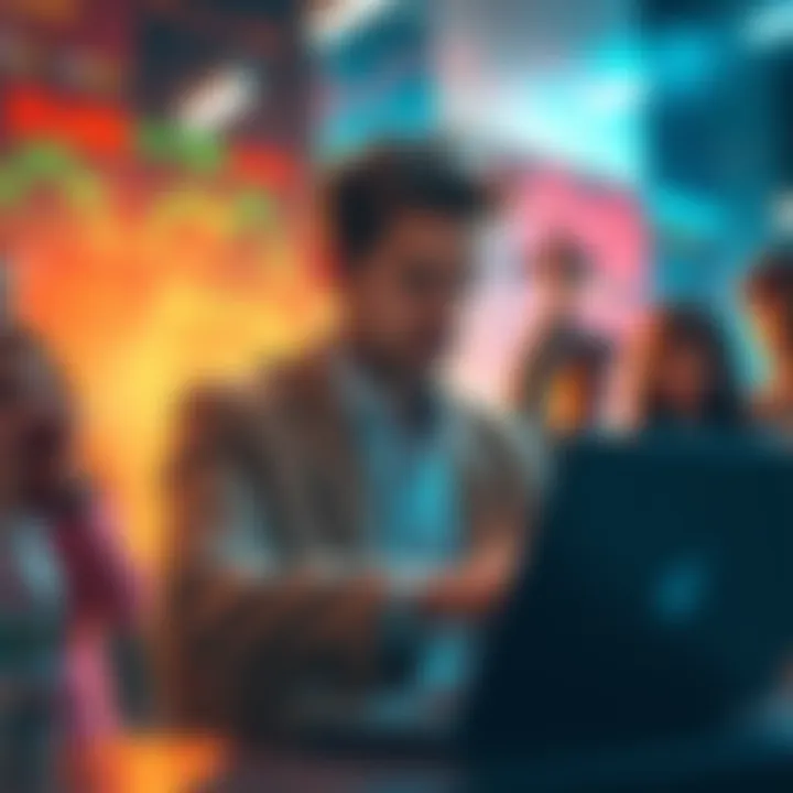 A calm investor reviewing stock prices on a laptop while others around them express panic over falling markets