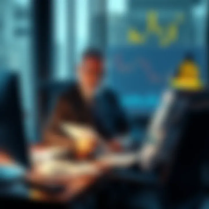 An experienced investor sitting at a desk with a computer, looking worried while reviewing financial documents and graphs showing a downward trend in cryptocurrency values.