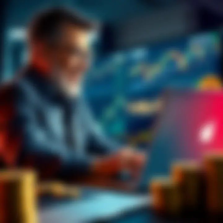 Investor Celebrating Crypto Gains An investor joyfully reviewing charts showing profits from XRP and XLM investments, with a laptop and a stack of coins in the background.