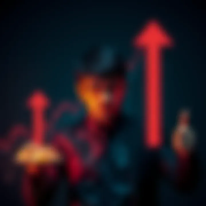 An investor weighing options between buying at market peak and buying during a dip, with upward and downward arrows illustrating market fluctuations.