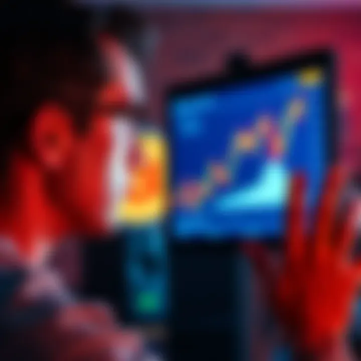 A worried investor looks at a screen showing a falling Bitcoin graph, reflecting on their recent purchase at a high price.