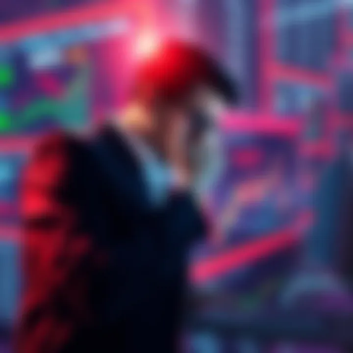 A worried investor examining stock charts and financial reports related to MSTR, with a focus on negative performance metrics.