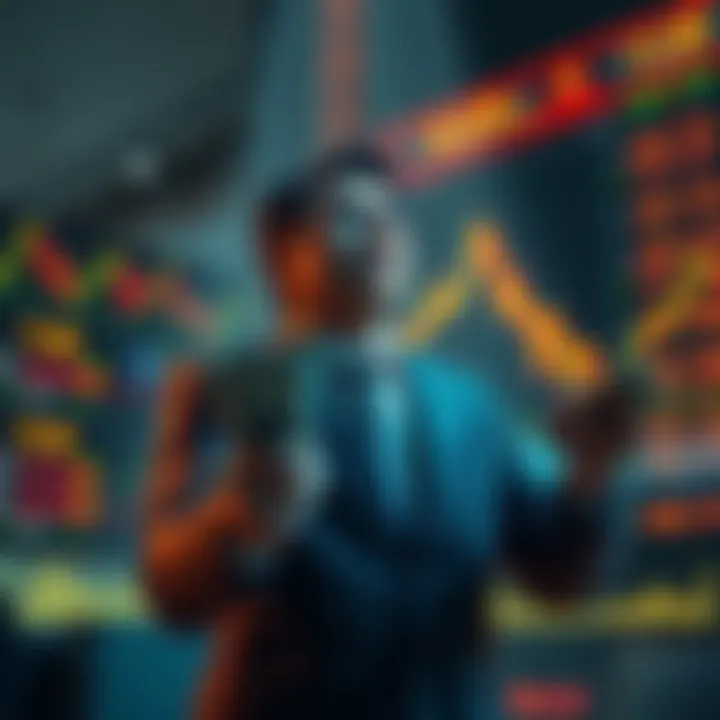 A determined investor holding cash while watching market charts showing declines, looking hopeful for future gains.
