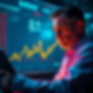 Frustrated investor looking at a chart showing declining value of BankSocial coin with empty forums in the background