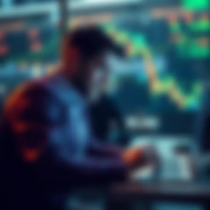 A cryptocurrency investor looking worried while watching a price drop on a laptop screen, contemplating whether to buy or wait.