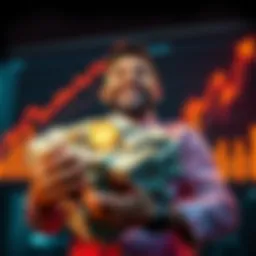 An investor smiles while holding a large pile of cash, representing a successful investment in BONK votes, with charts showing upward trends in the background.