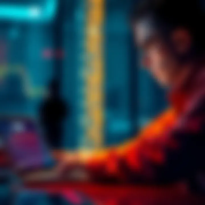 An investor contemplating whether to sell or hold their Eth investment while looking at a chart and financial news on a laptop.