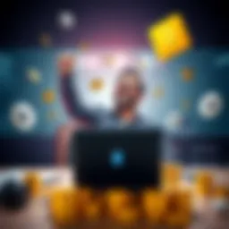 An investor celebrating a financial victory with a laptop and Ethereum symbols around him, showing excitement for his $200k profit.