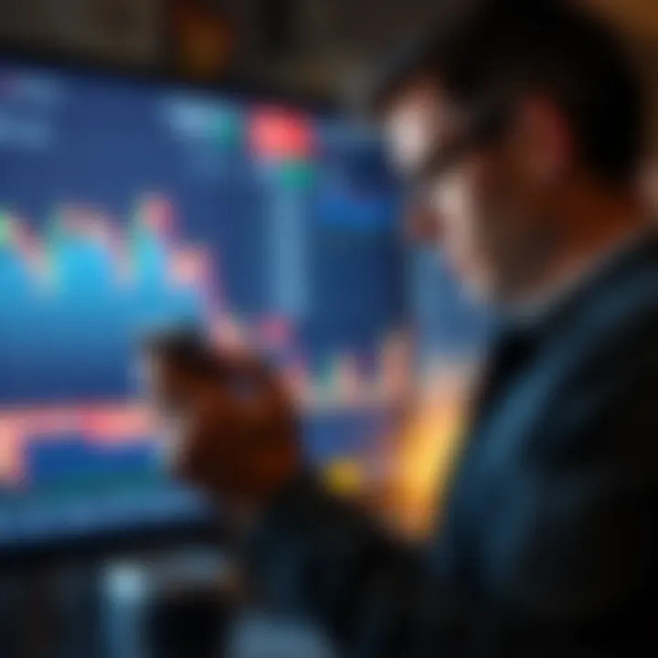 Investor Holding Asset A determined investor looking at financial charts on a screen, showing a market downturn but staying focused on long-term gains.