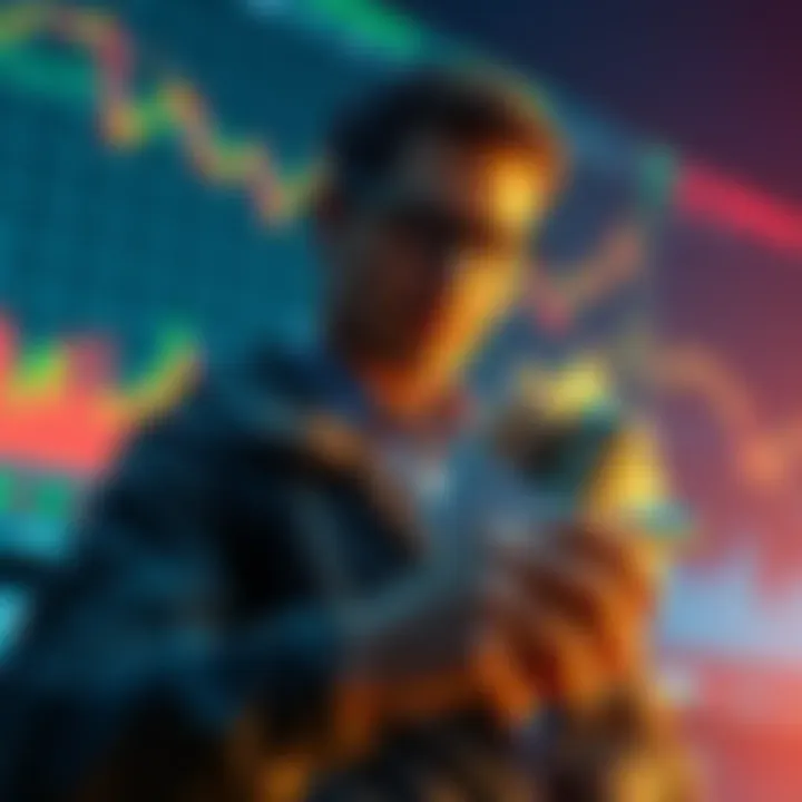 An investor with a confident expression, clutching alternative assets while looking at market graphs showing downturns and recoveries in the background.