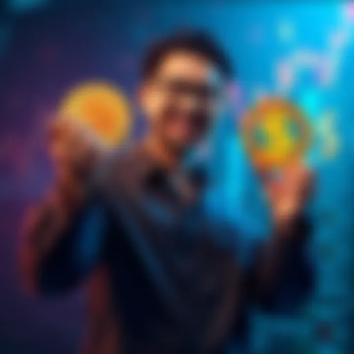 An investor confidently holding cryptocurrency symbols with a backdrop of fluctuating market graphs and dollar signs, symbolizing optimism for price recovery.