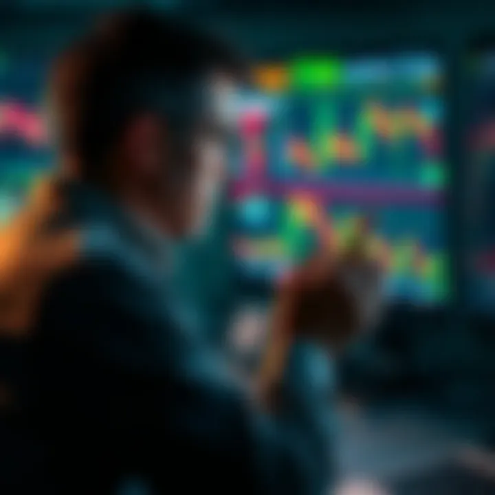 A focused investor looks at stock charts on multiple screens, showing market fluctuations and trends, symbolizing resilience in investing.