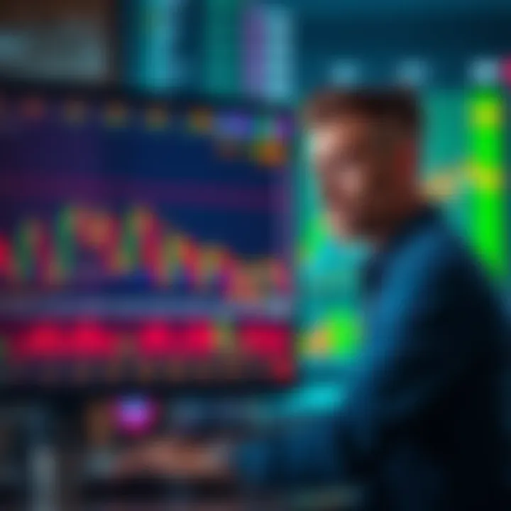 A worried investor looks at fluctuating market charts on a computer screen, weighing the decision to hold or sell assets during a downturn.