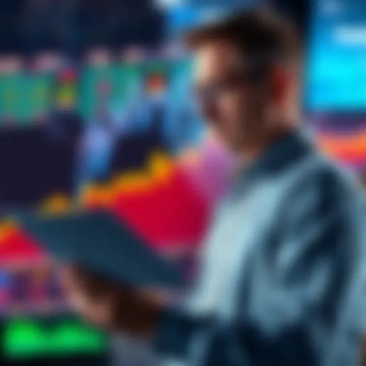 Investor observing market trends A concerned investor looking at a chart showing market dip while holding a portfolio document