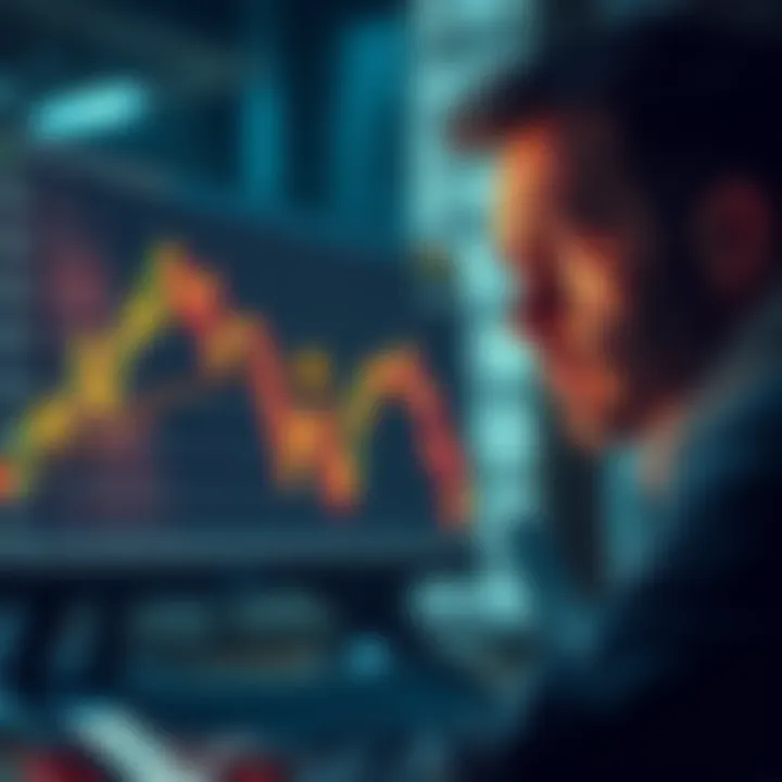 An investor looks distressed while analyzing a chart showing Bitcoin's price drop, reflecting feelings of despair and heartbreak.