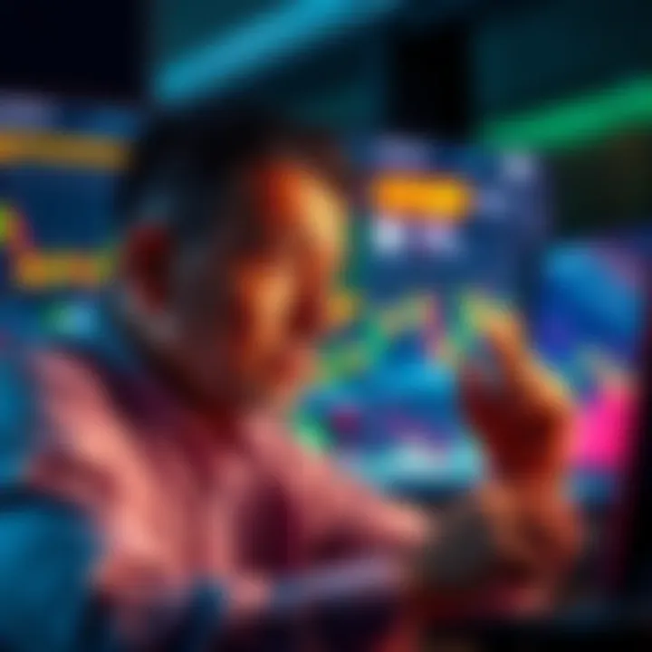 Investor Regret During Crypto Market A worried crypto investor looking at fluctuating market charts on a computer screen, showing graphs and numbers with a sense of regret