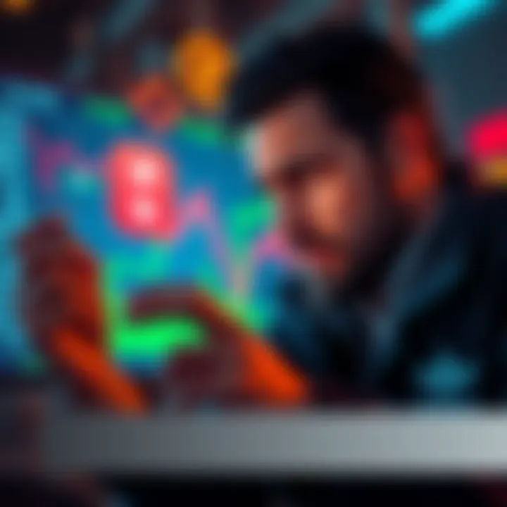 A concerned investor examining a chart showing the decline of the Rentberry token value, with a backdrop of cryptocurrency symbols and a disappointed expression.