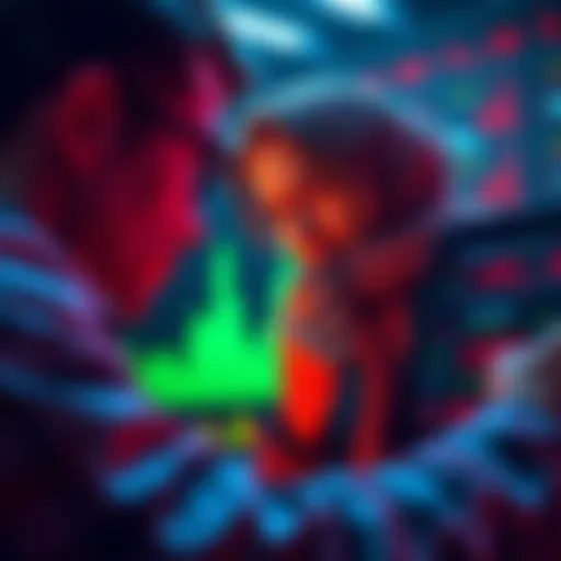 An investor looks at a chart showing losses in cryptocurrency investments, reflecting disappointment and frustration after recent events.