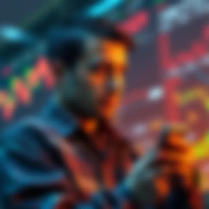 An investor looking thoughtfully at stock market charts while holding a phone, considering selling investments for family needs.