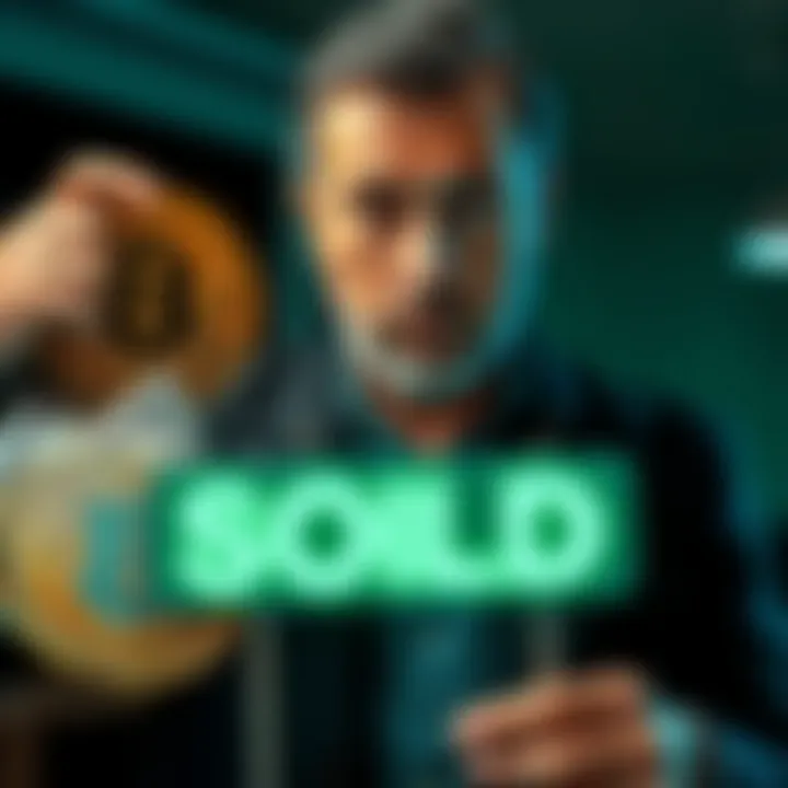 An investor looks concerned while holding a Bitcoin symbol, with a sold sign and cash in the foreground, representing the recent $3.5M sale.