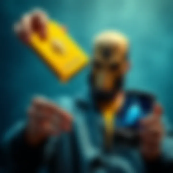 A determined investor holds a gold bar in one hand and looks at a graph showing Ethereum's price drop on a phone in the other hand, reflecting their risky decision.