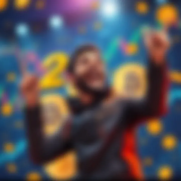 An investor happily celebrating the achievement of owning 2 billion SHIB tokens, surrounded by financial charts and cryptocurrency symbols.