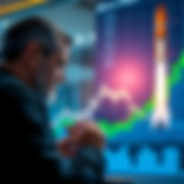 A person looking at a financial chart with a rocket in the background, symbolizing investment in SpaceX after Bitcoin losses