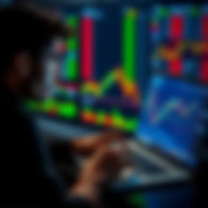 A person analyzing stock charts on a laptop, with graphs showing fluctuating prices and market trends for MSTR and Asst.