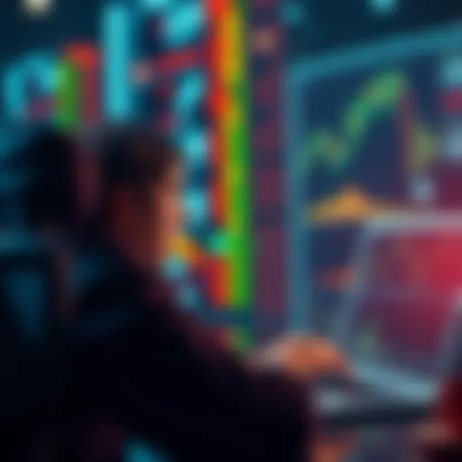 A person analyzing stock charts and financial data on a laptop, with a focused expression