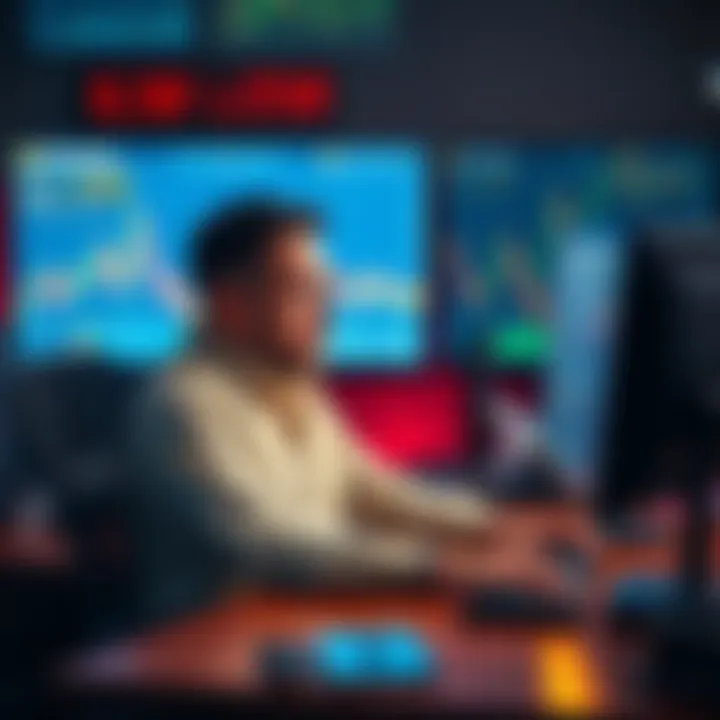 A distressed investor sitting at a desk, looking at his computer screen showing a cryptocurrency chart declining, symbolizing loss and frustration.