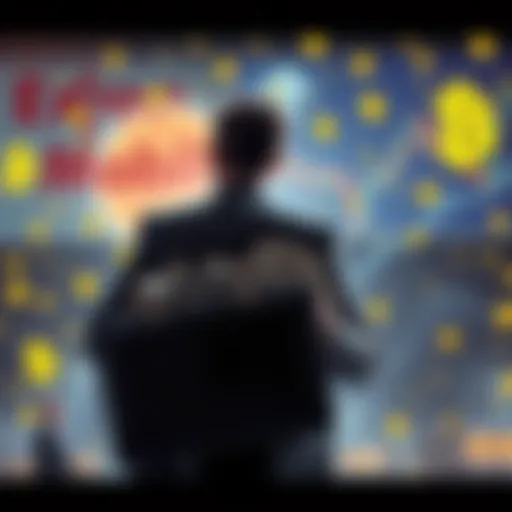 An investor holding a briefcase filled with cash while looking at charts of Exxon Mobil, surrounded by cryptocurrency symbols fading away in the background.