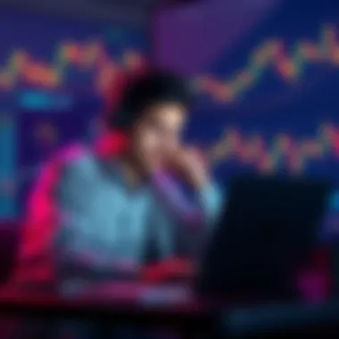A person sitting at a laptop looking worried about cryptocurrency investments, with charts showing market fluctuations in the background.