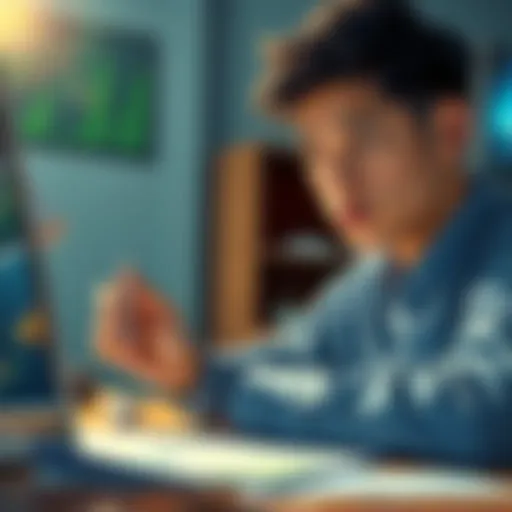 Investor with XLM Chart A young investor looking at a chart showing the growth potential of XLM, with a focused expression and financial documents on the desk.